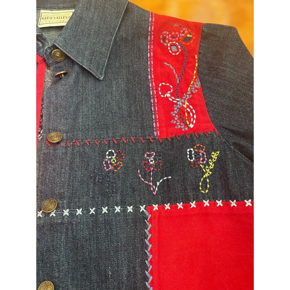 Patchwork Embroidered Denim Shirt Boho Folk Art Button Up Artsy Top Sz S Petite - Picture 5 of 15